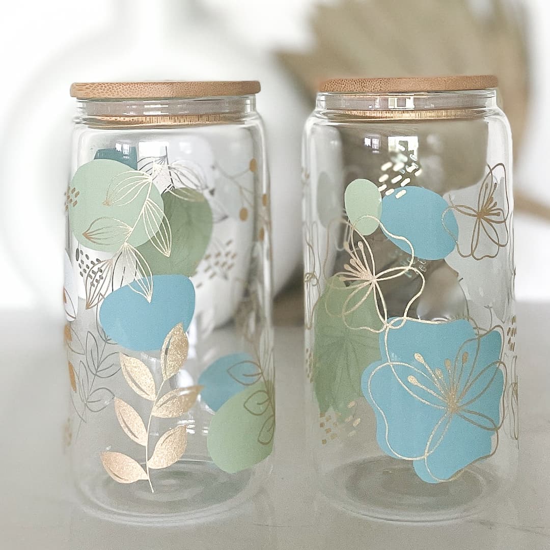Blue Green & Gold Floral Boho Glass Can Cup Bundle