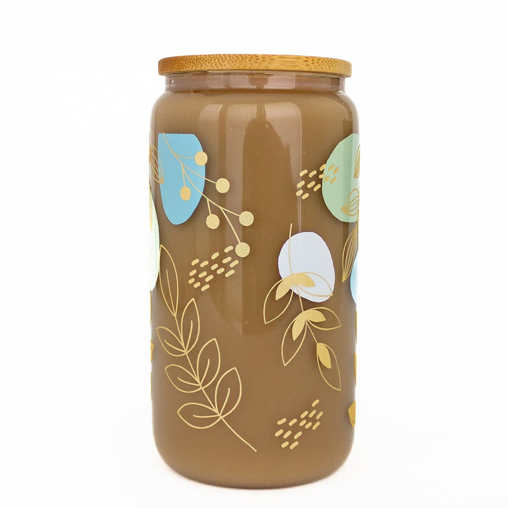 Blue & Green Abstract Floral Boho with Gold Shimmer Accent Glass Can Cup - Windflower Market