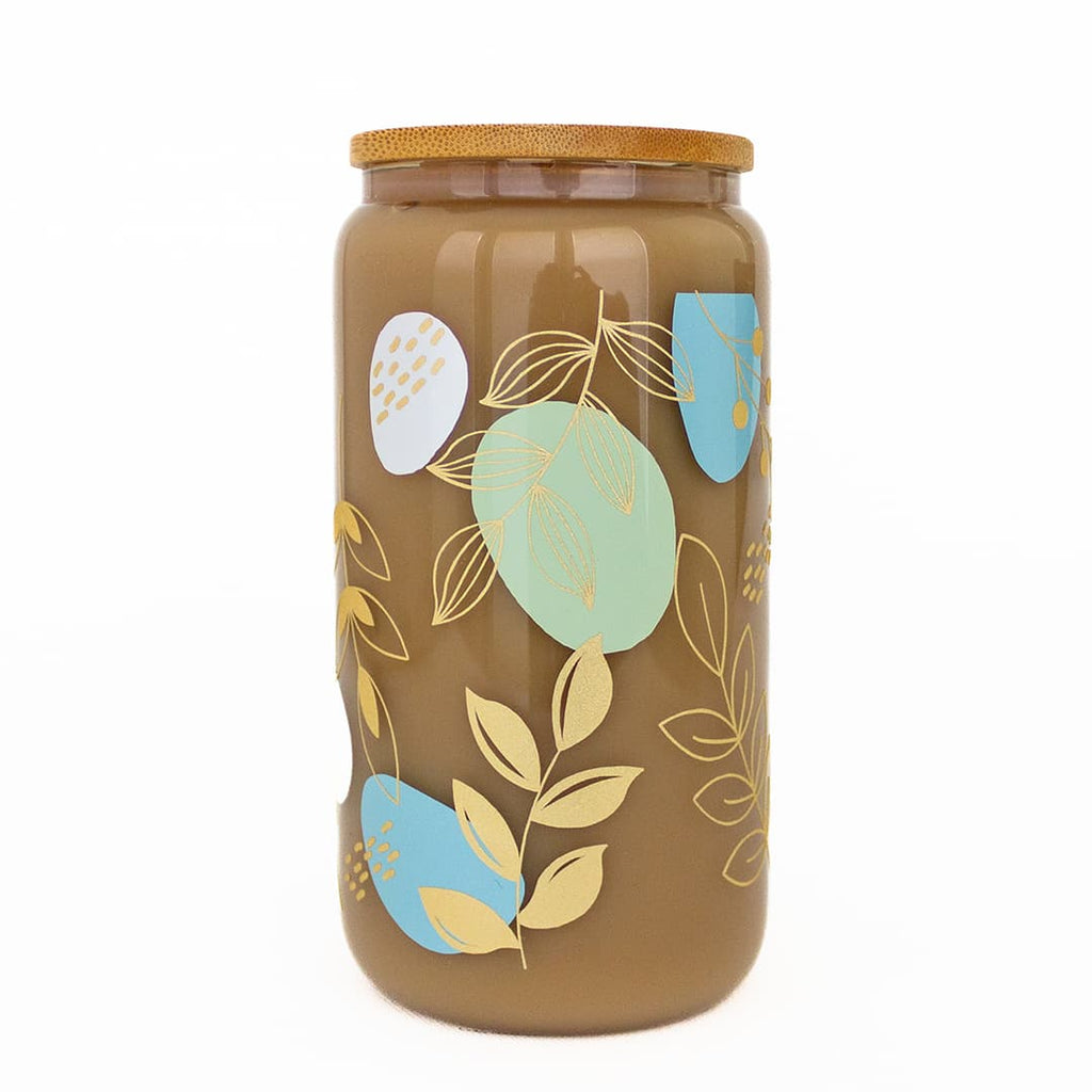 Blue & Green Abstract Floral Boho with Gold Shimmer Accent Glass Can Cup - Windflower Market