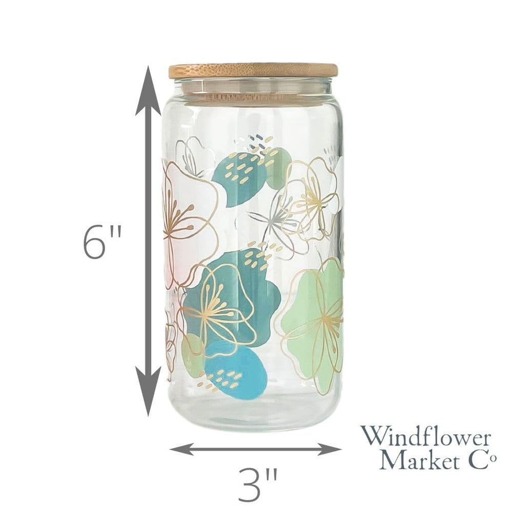 Blue & Green Floral Boho with Gold Shimmer Accent Glass Can Cup - Windflower Market