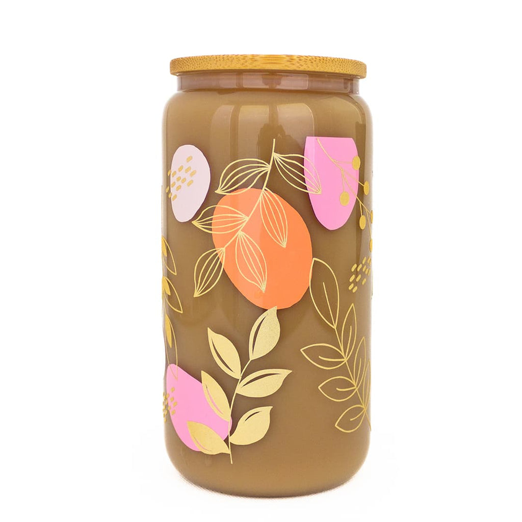 Coral & Pink Abstract Floral Boho with Gold Shimmer Accent Glass Can Cup - Windflower Market