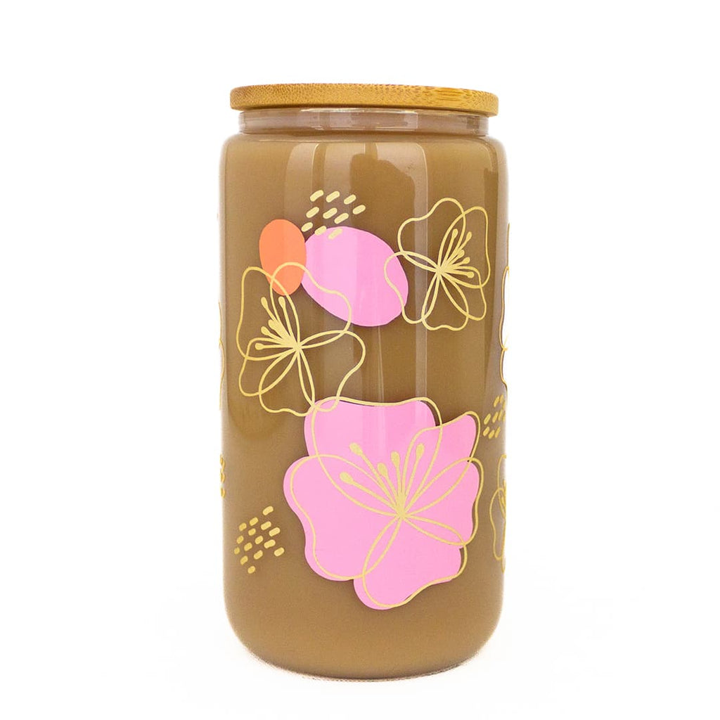 Coral & Pink Floral Boho with Gold Shimmer Accent Glass Can Cup - Windflower Market