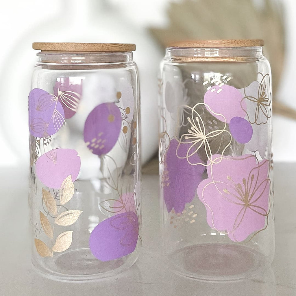 Lavender Purple & Gold Floral Boho Glass Can Cup Bundle - Windflower Market