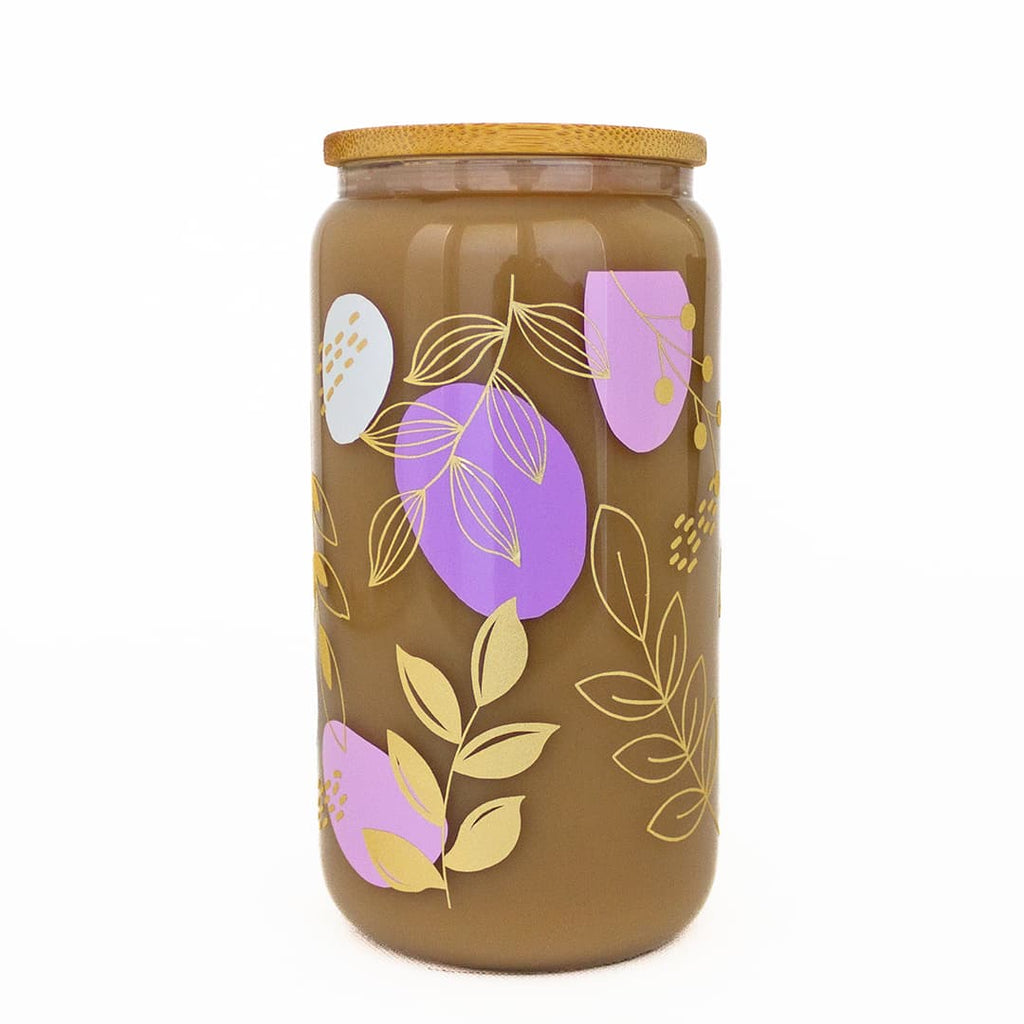 Lavender & Light Purple Abstract Floral Boho with Gold Shimmer Accent Glass Can Cup - Windflower Market