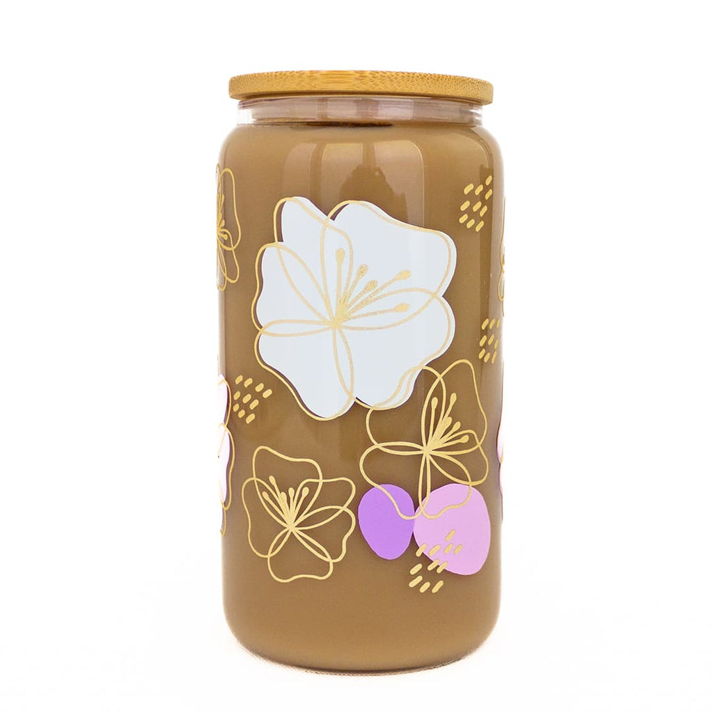Lavender & Light Purple Floral Boho with Gold Shimmer Accent Glass Can Cup - Windflower Market