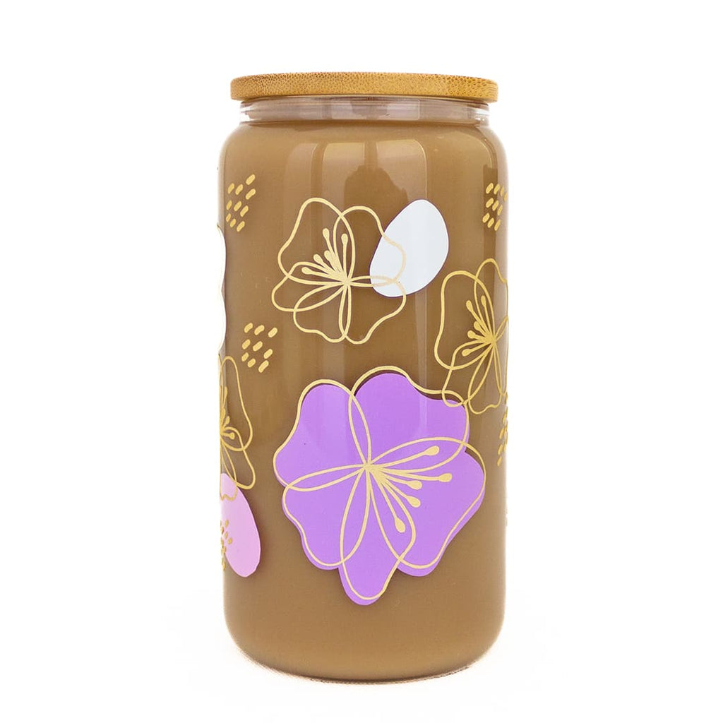 Lavender & Light Purple Floral Boho with Gold Shimmer Accent Glass Can Cup - Windflower Market