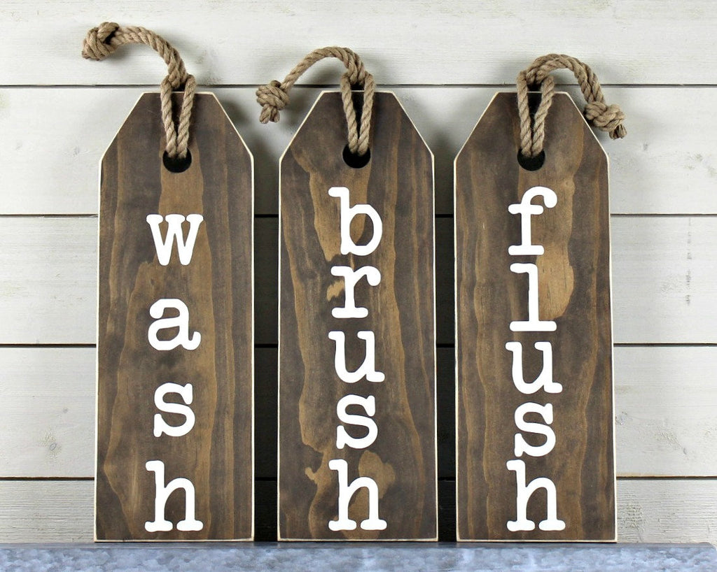 Rustic Bathroom Wood & Jute Wall Decor - Flush Floss Brush Wash Soak Relax Sign - Windflower Market