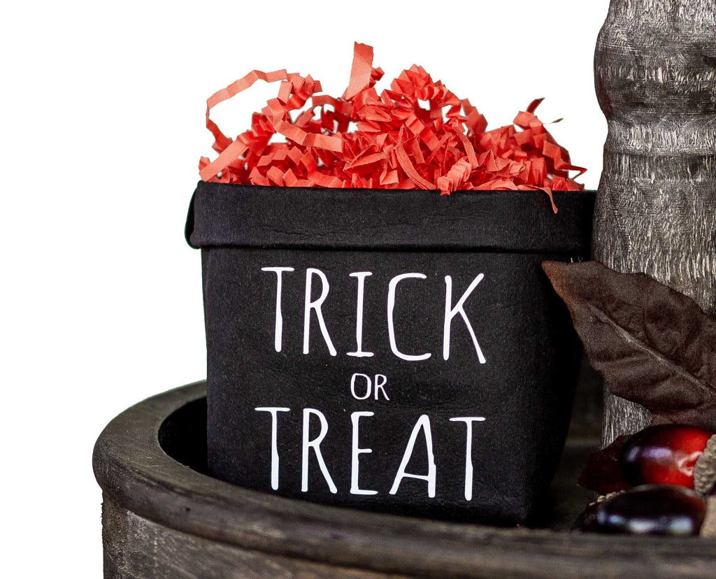 Black Trick or Treat Halloween Tiered Tray Decor Happy Pot - Fall Rustic Farmhouse Style - Windflower Market